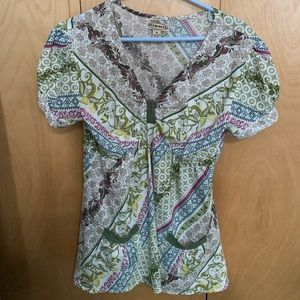 Boho Chic Short Puff Sleeve 100% Cotton Top Bird Print Casual Multicolor Pockets